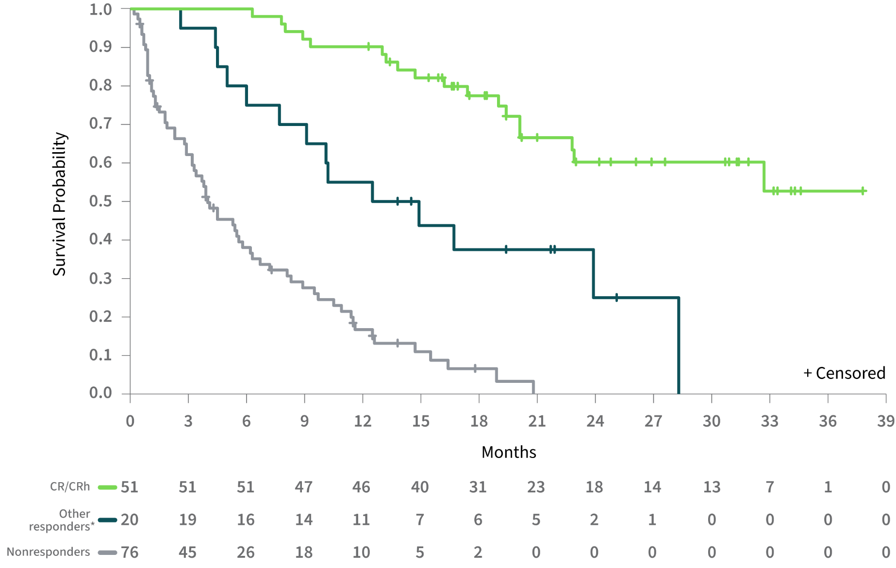 Graph showing that the median overall survival was not reached for patients achieving CR/CRh